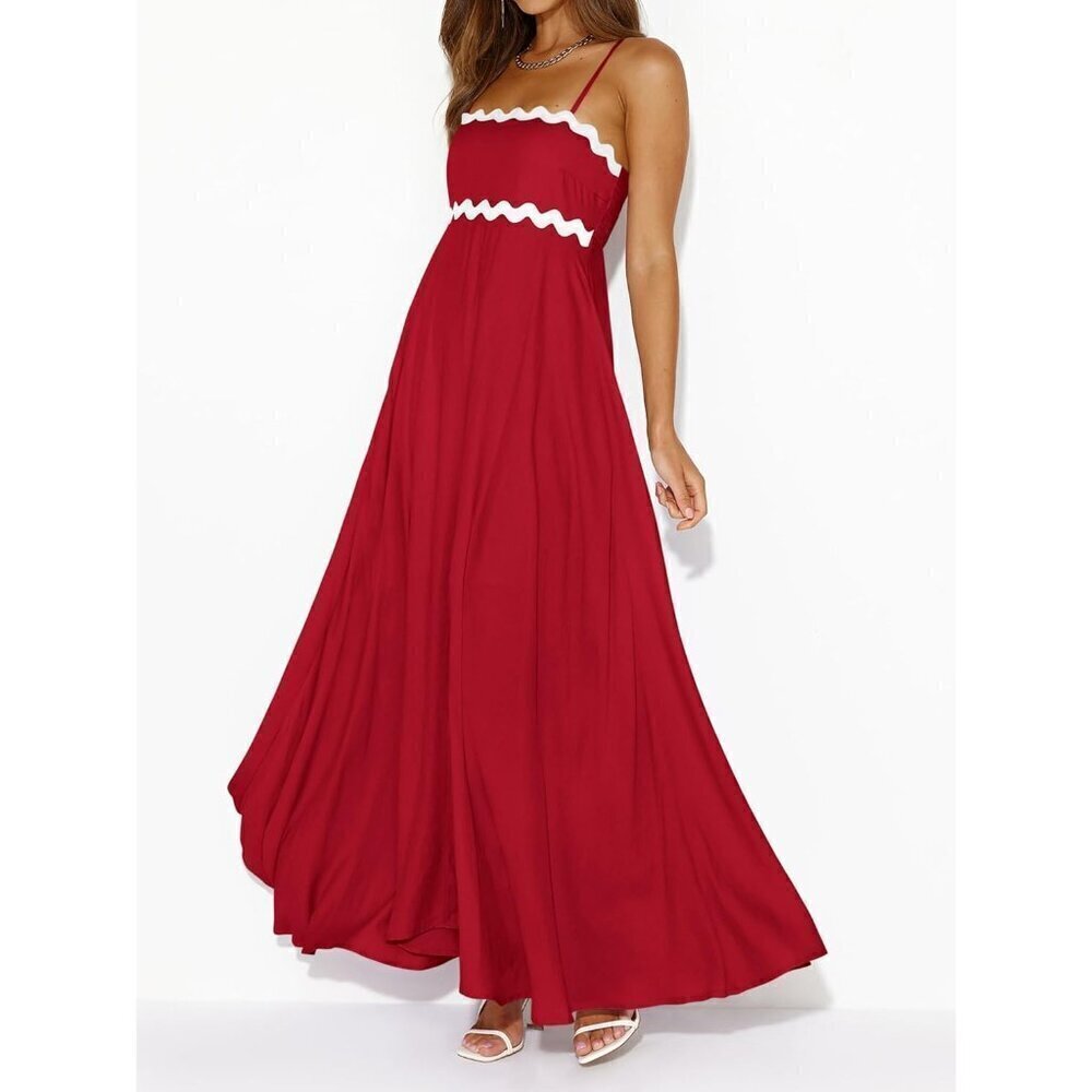 ✨ Prettygarden Maxi Dresses Women Red Spaghetti Strap Long Flowy Beach Sundress - Picture 3 of 5